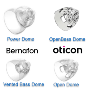 Picture of Oticon and Bernafon minifit domes open bass, double bass, open and power domes