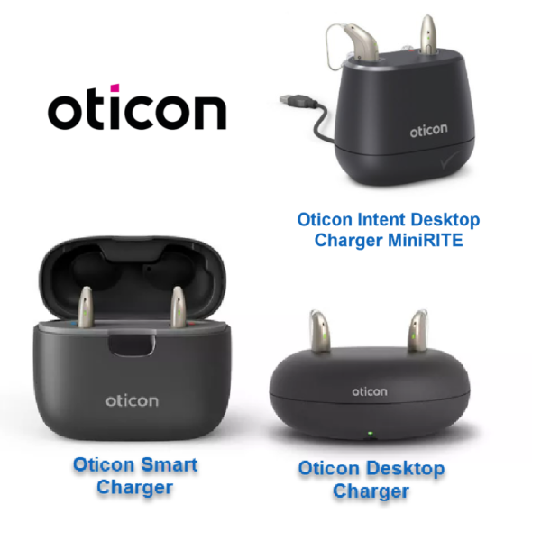 Picture of 3 oticon chargers - miniRITE, miniBTE and smart charger