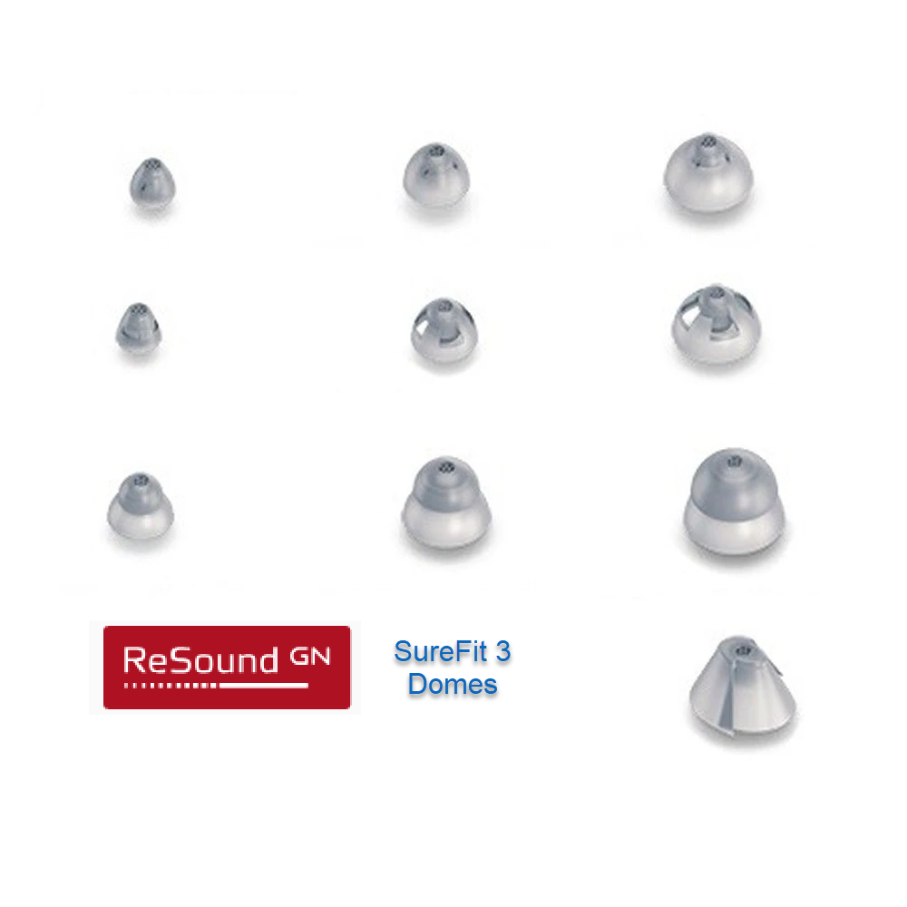 Image ReSound_Surefit-3-Domes showing open closed, power and tulip domes. Small, medium and large domes shown.