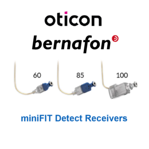 Picture showing 3 Oticon and Bernafon minifit detect receivers. 60db, 85db and 100db receivers.