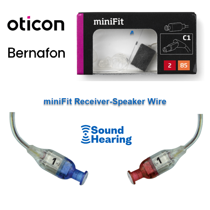 Oticon and Bernafon minifit speakers, picture shows packet and a left and right receiver wire