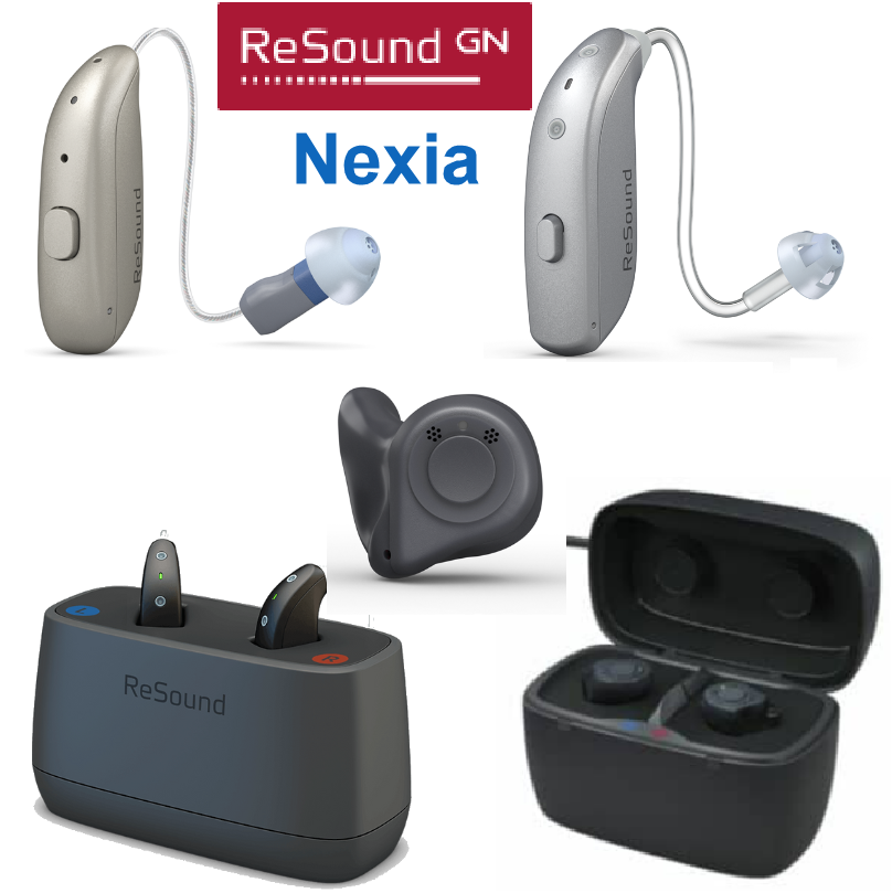 image showing a range of Resound nexia hearing aids and resound nexia chargers