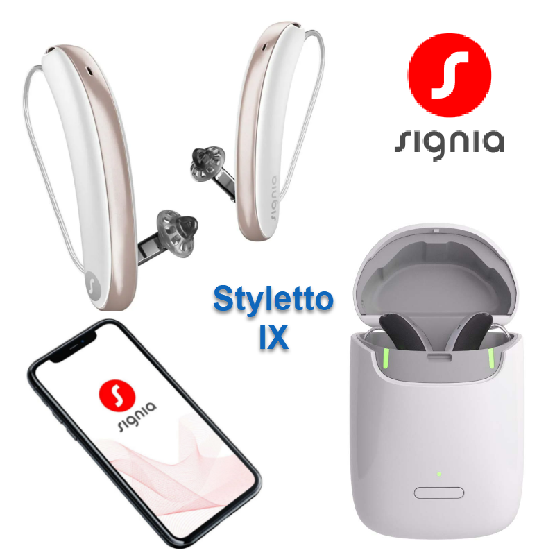 Pair of Signia Styletto XI hearing aids with charger and image of phone app
