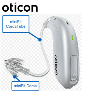 Oticon Sage miniBTE hearing aid with parts labelled