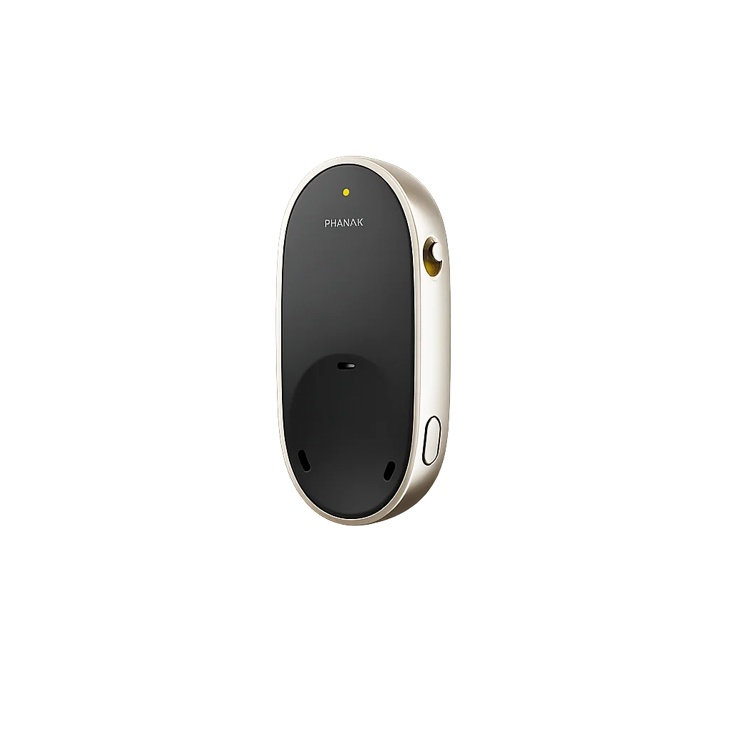 Genuine Phonak hearing aid accessory - PartnerMic, a discrete clip-on lapel microphone for one-on-one conversations in noisy environments.